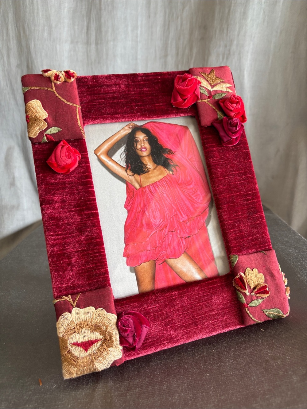 Velvet Floral Red Photo Frame with Embroidered Flowers